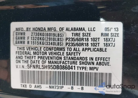 2013 Honda Odyssey Touring/Touring Elite from USA, damaged, VIN 5FNRL5H95DB086041